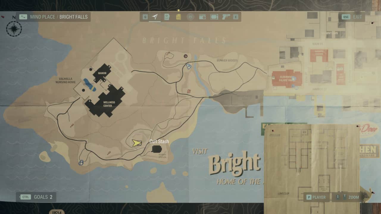 Alan Wake 2 Cult Stash locations: stash location on map in Bright Falls.