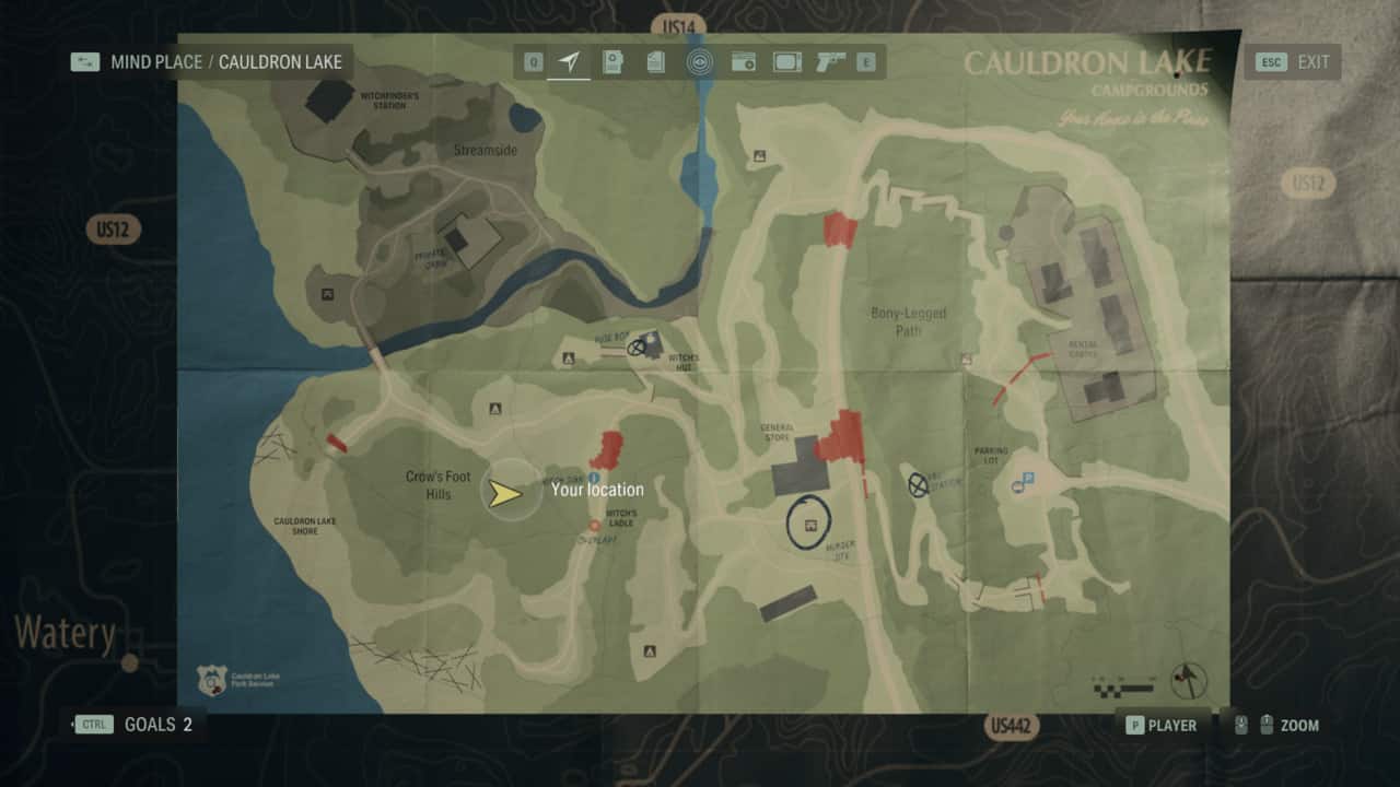 Alan Wake 2 Cult Stash locations: stash location on map in Cauldron Lake.