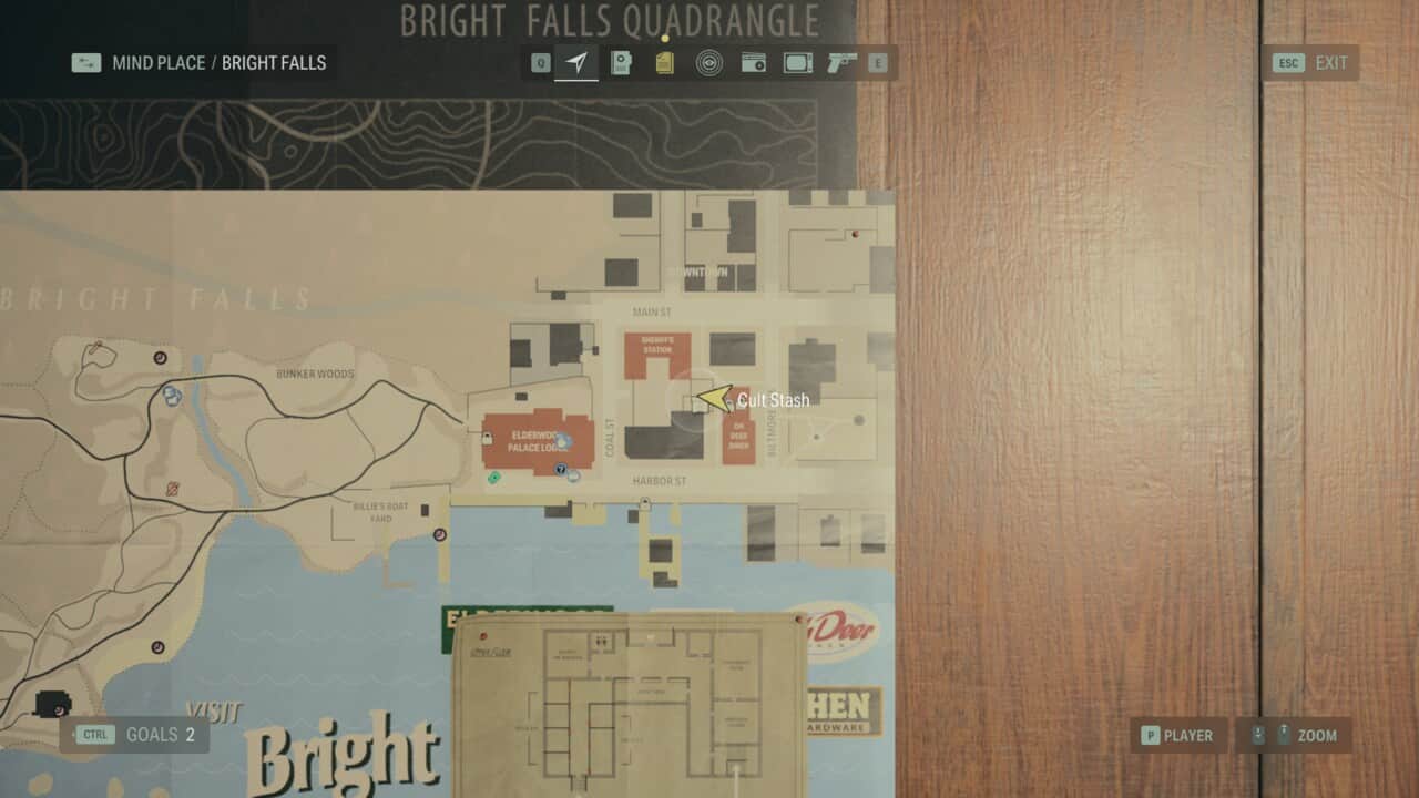 Alan Wake 2 Cult Stash locations: stash location on map in Bright Falls.