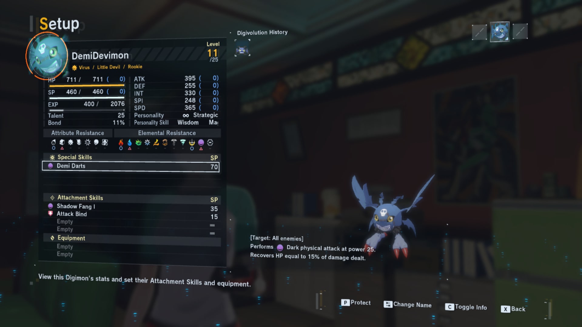 Game setup screen showing the stats and abilities of Digimon character