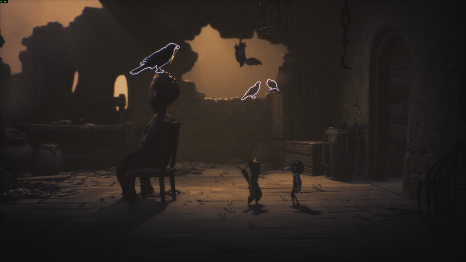 Three glowing crows perch on a statue and crates in Little Nightmares 3 Necropolis