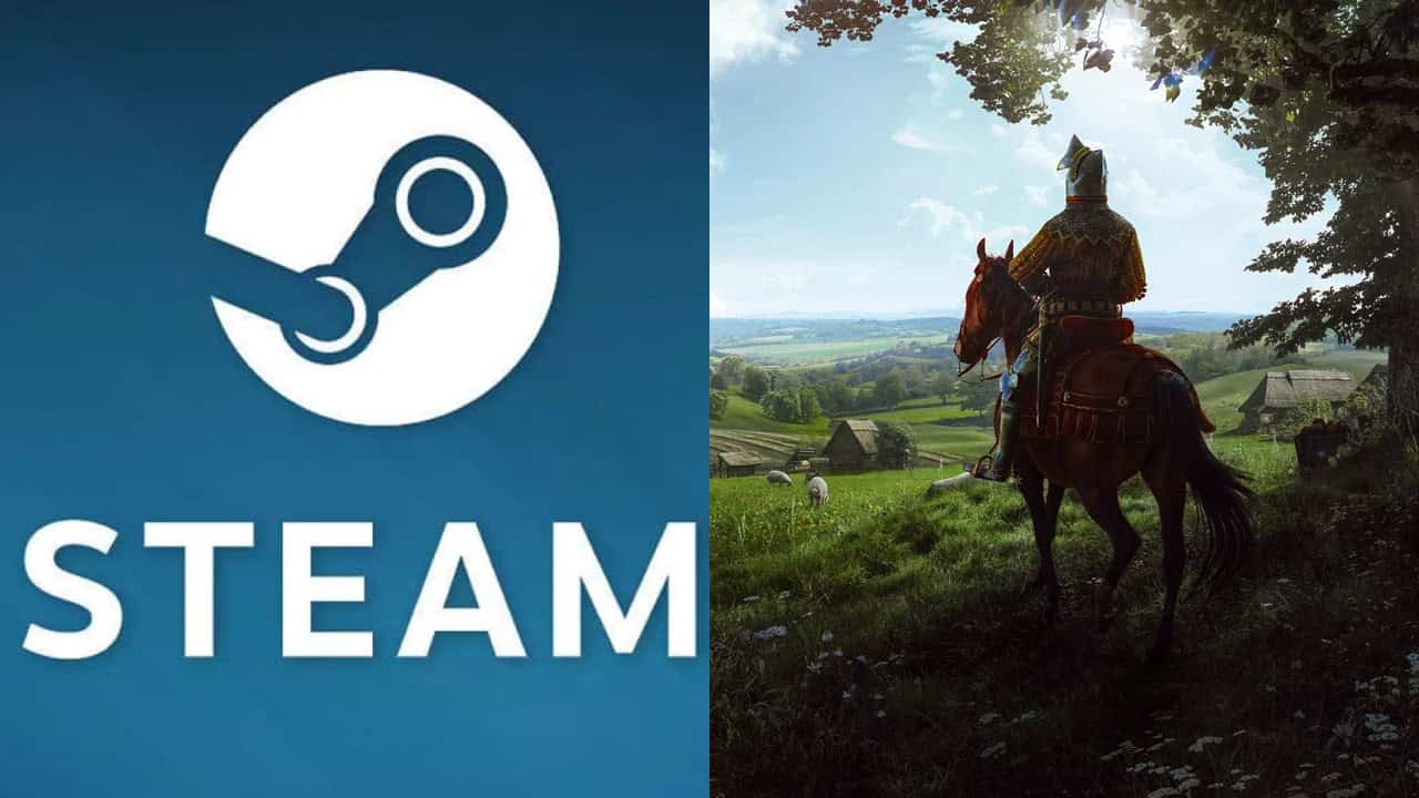 Manor Lords logo on the left and a medieval knight on horseback in a lush countryside scene on the right.