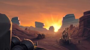 A stunning painting capturing the beauty of a desert scene, with a mesmerizing sun setting behind it.