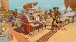 A SteamWorld town in the desert with a cartoon train.