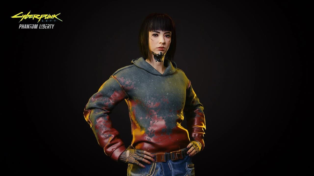 A woman in a hoodie is standing in front of a dark background, reminiscent of the Cyberpunk 2077 game.
