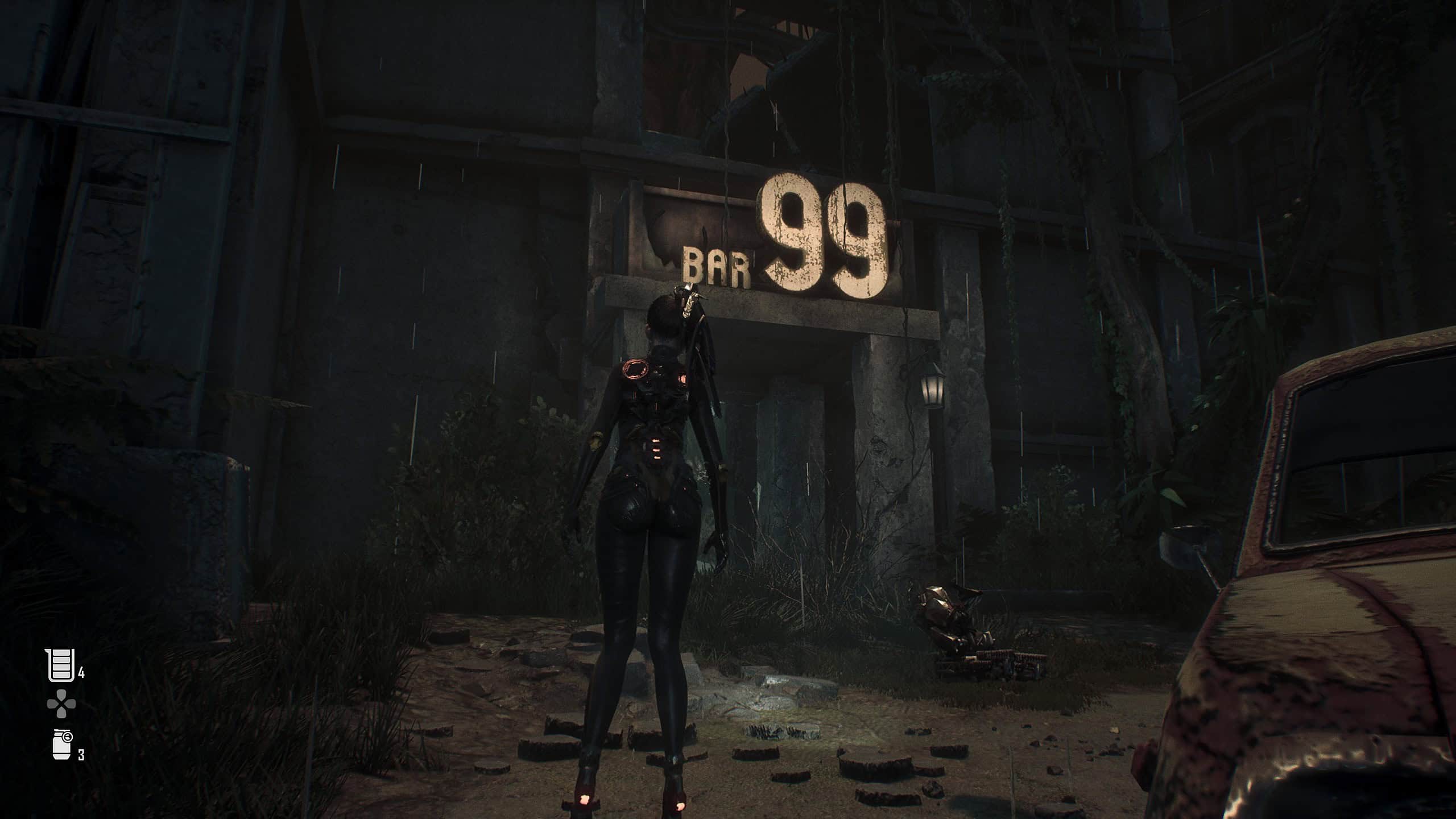 stellar blade open locked chest silent street - EVE stands in front of a door with the sign bar 99 above.