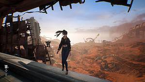 Stellar blade how to unlock double jump - Eve stands on a platform with a desert behind her.