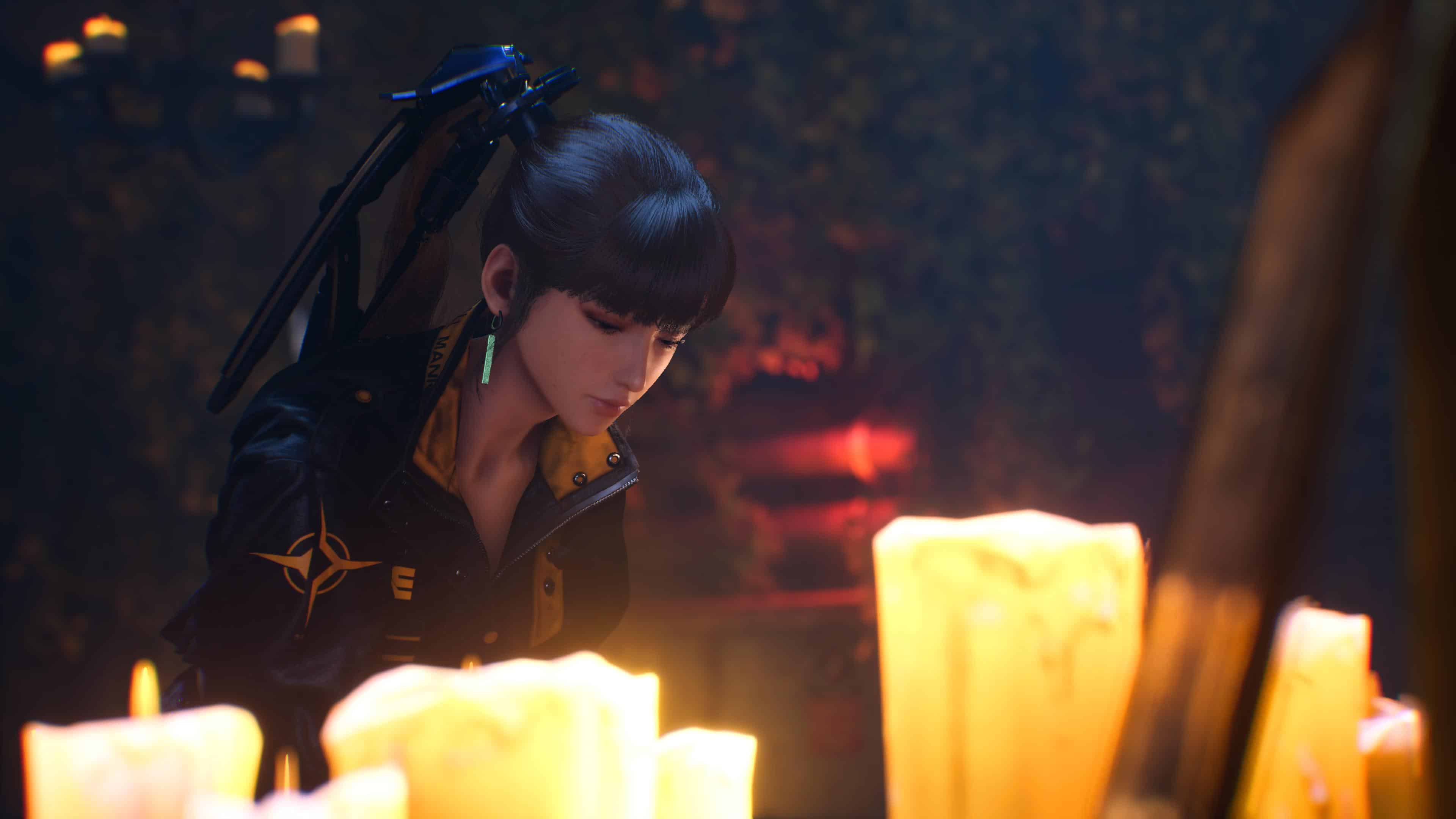 Stellar Blade new game plus - eve kneels in front of candles