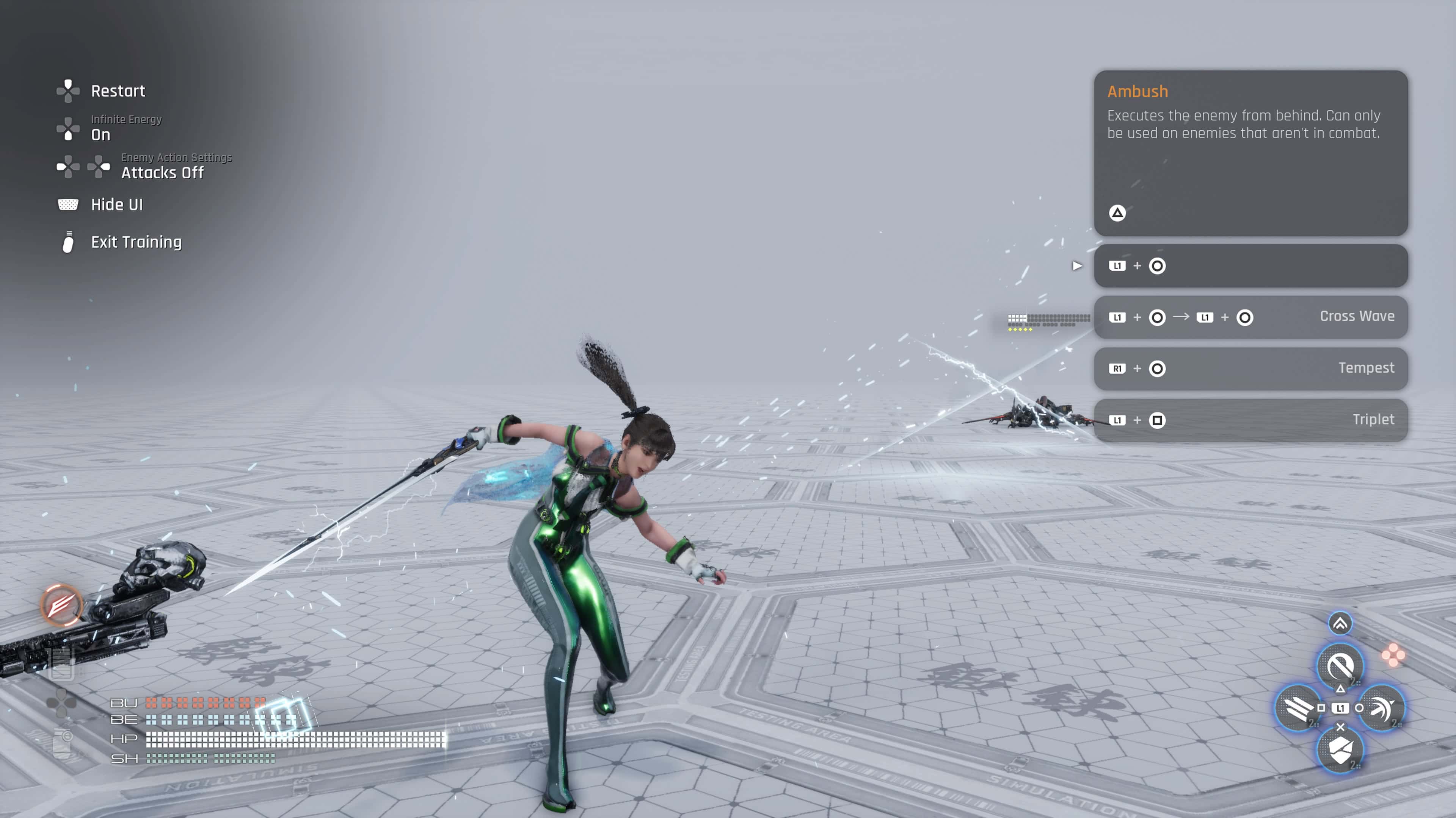 Stellar Blade - EVE uses an attack on enemy in the training room.