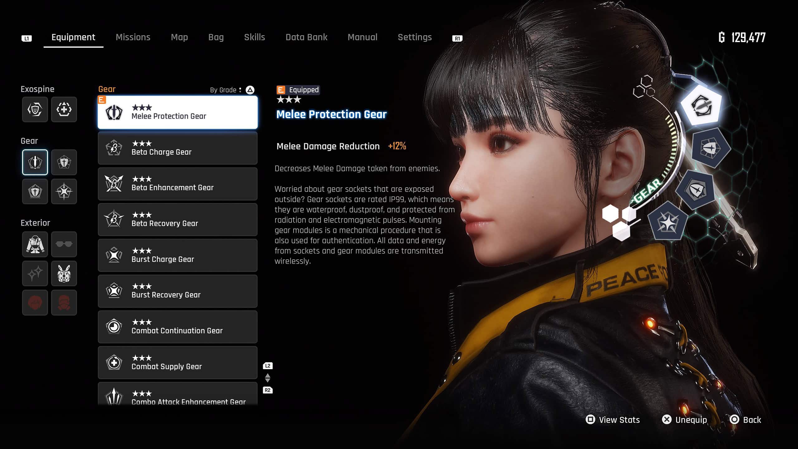 Stellar Blade best gears - EVE in the equipment menu showing the Melee Protection Gear