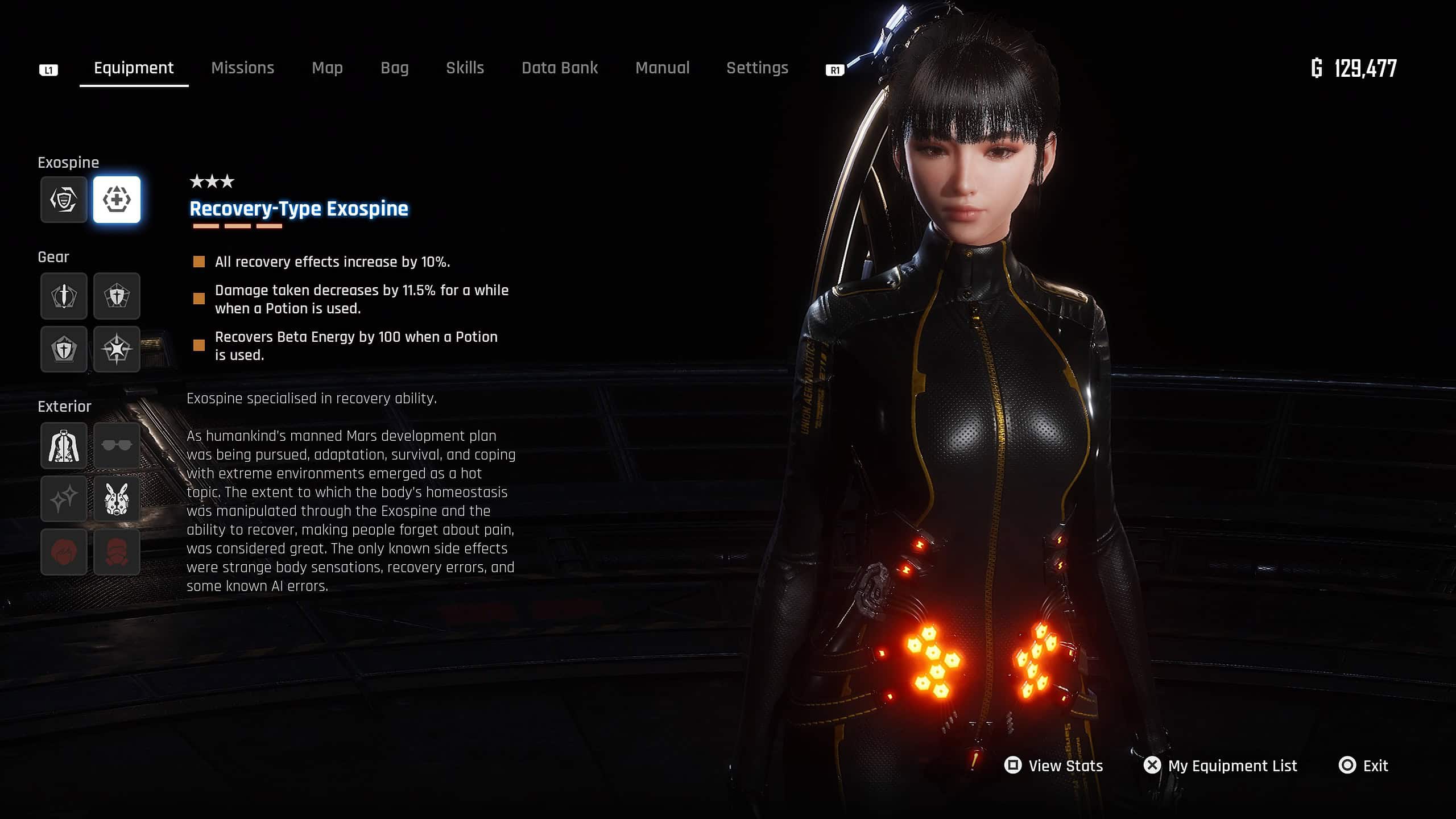 Stellar blade best exospine- EVE in the main menu showing the Exospine
