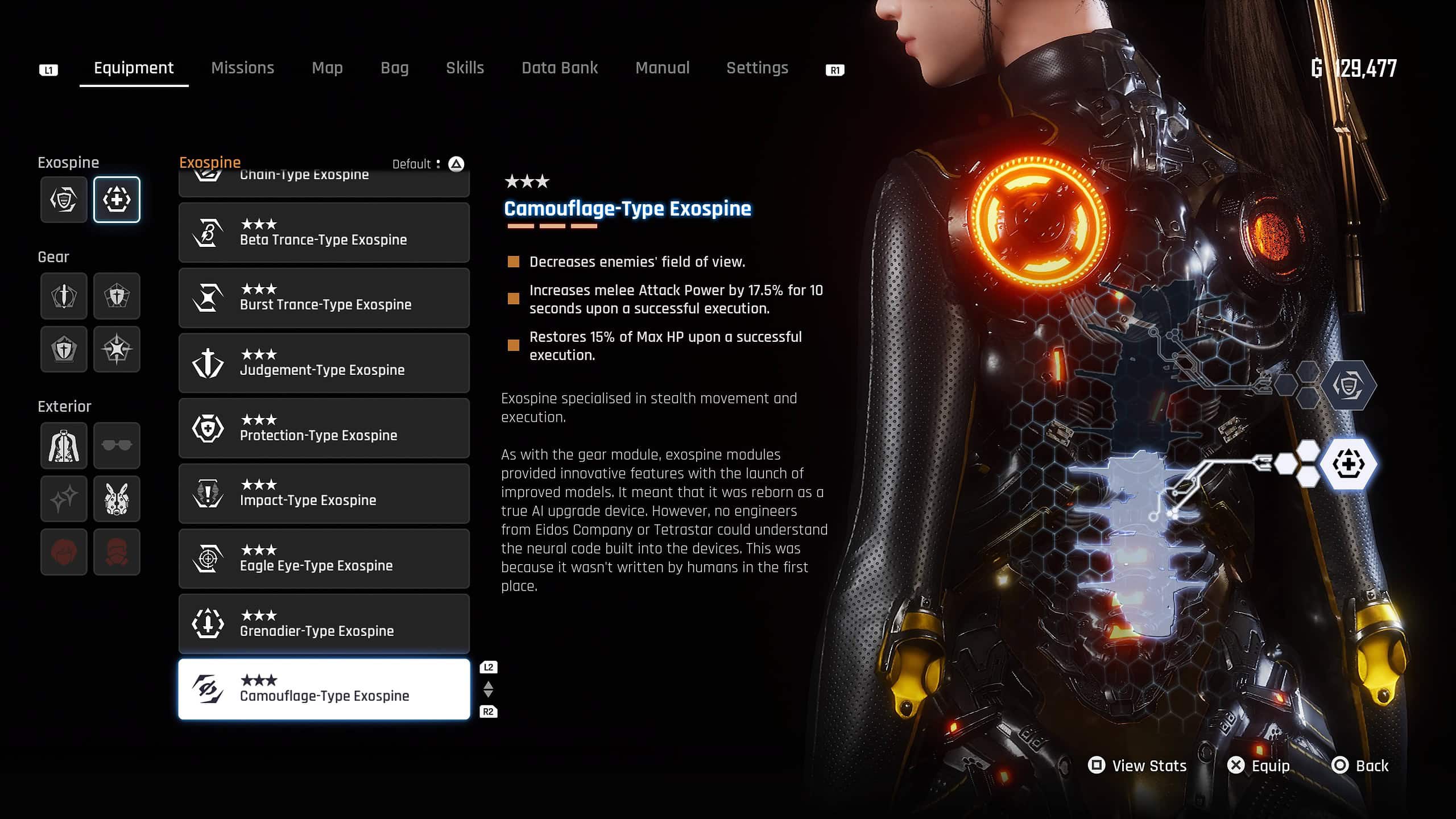 Stellar blade best exospine- EVE in the main menu showing the Exospine