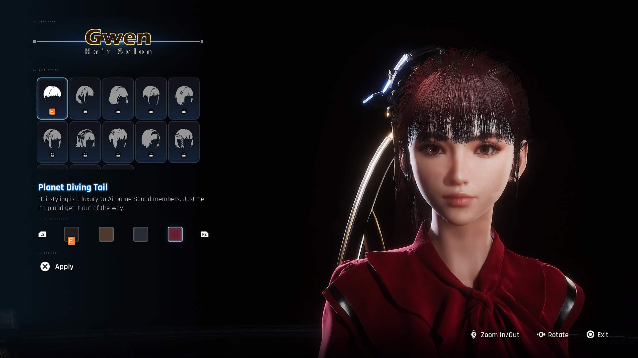 stellar blade unlock hairstyles - eve in the shop showing off a hair option and colours.
