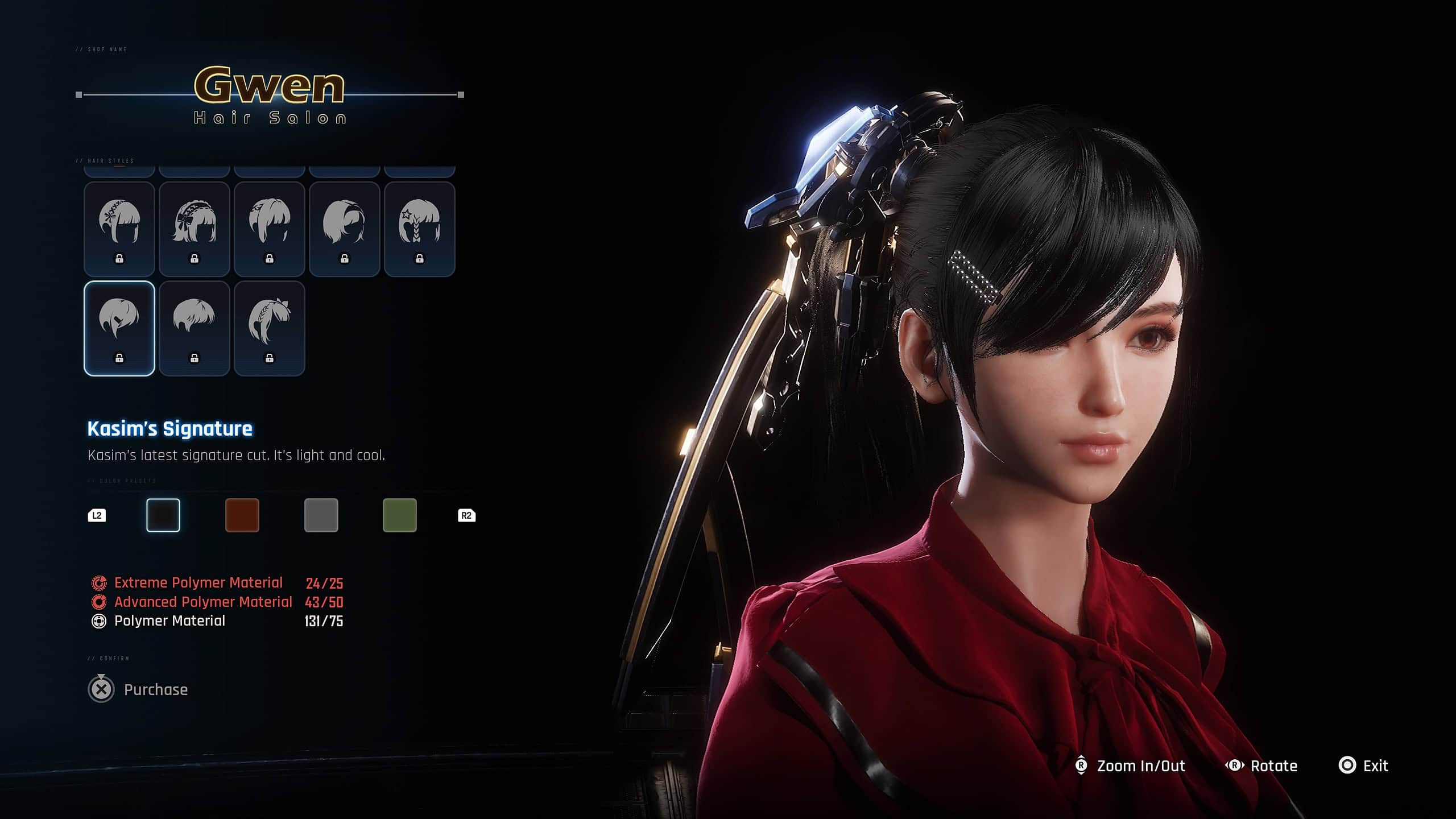 stellar blade unlock hairstyles - eve in the shop showing off a hair option and colours.