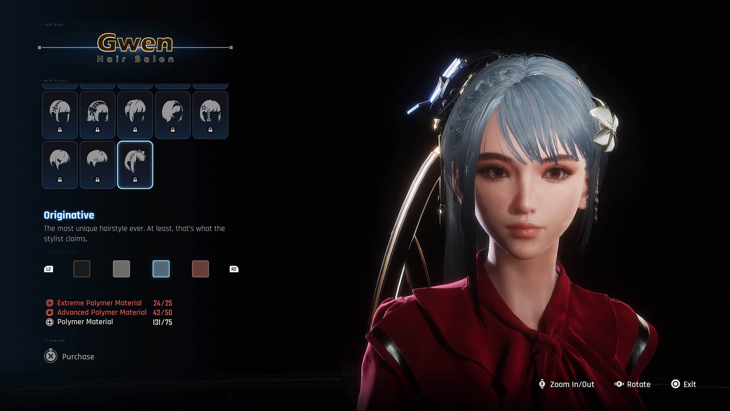 stellar blade unlock hairstyles - eve in the shop showing off a hair option and colours.