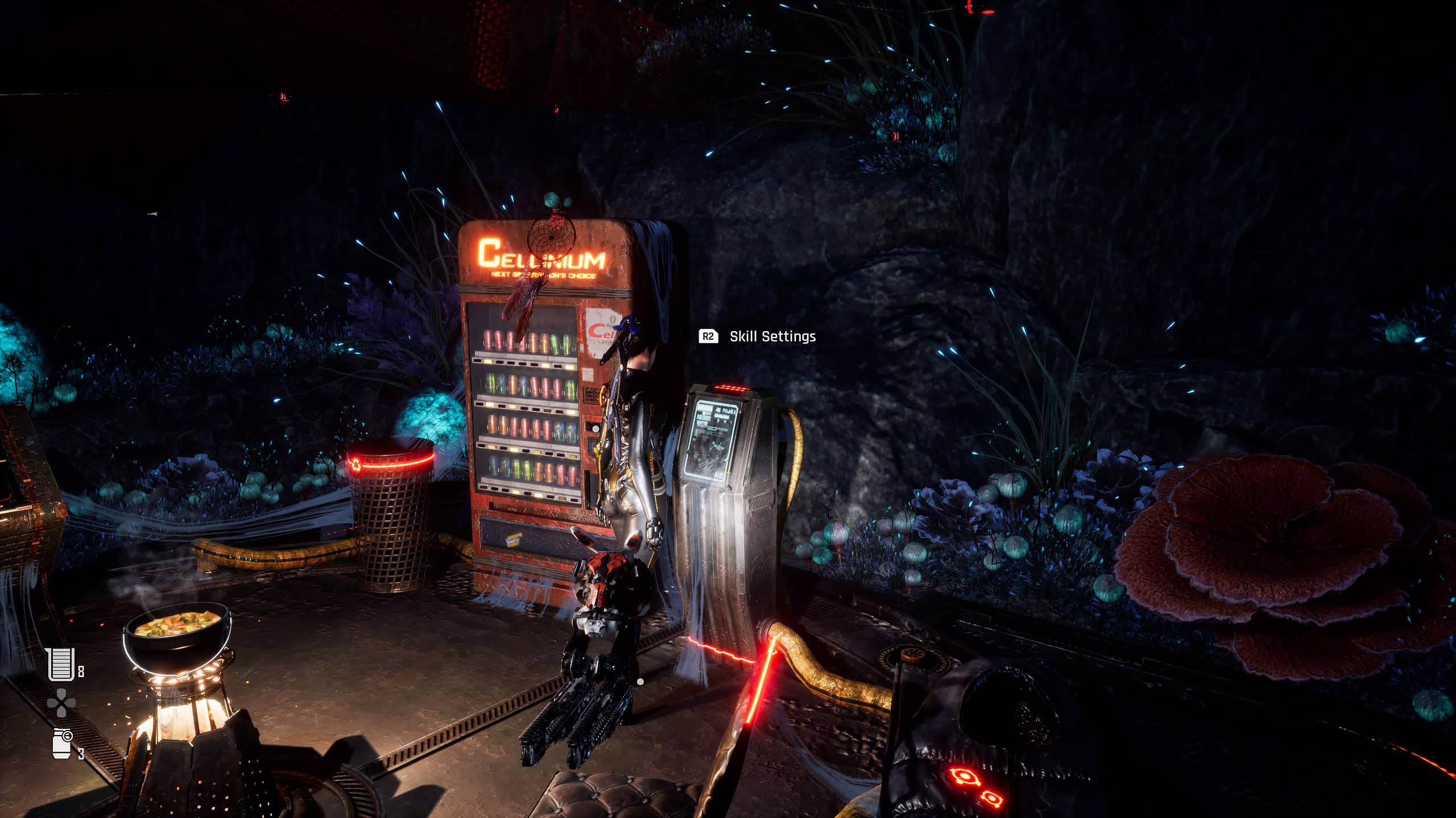stellar blade how to respec - the character uses a terminal next to a vending machine.