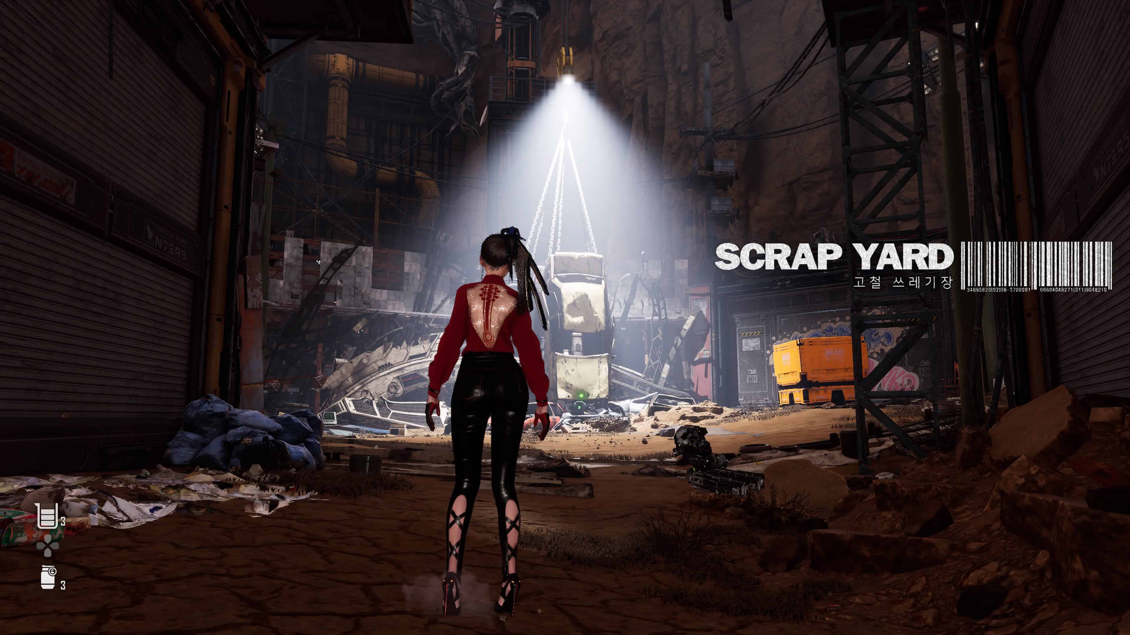 Stellar Blade scrap yard puzzle - EVE enters the scrap yard area and sees a light shining in front.