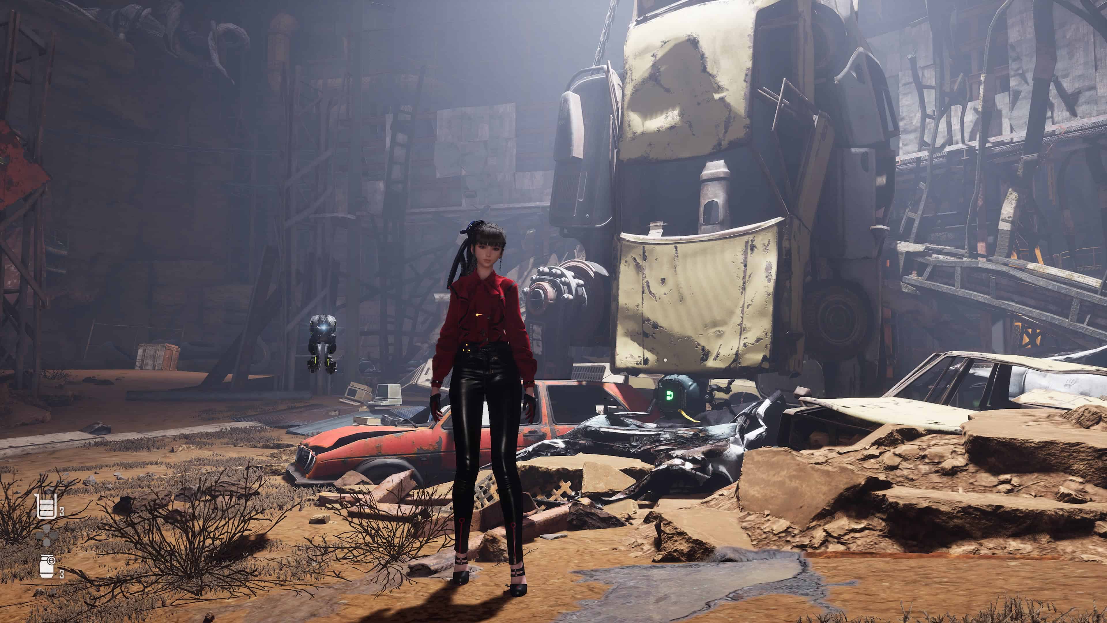 Stellar Blade scrap yard digger puzzle - EVE stands next to Digger, trapped under a car.