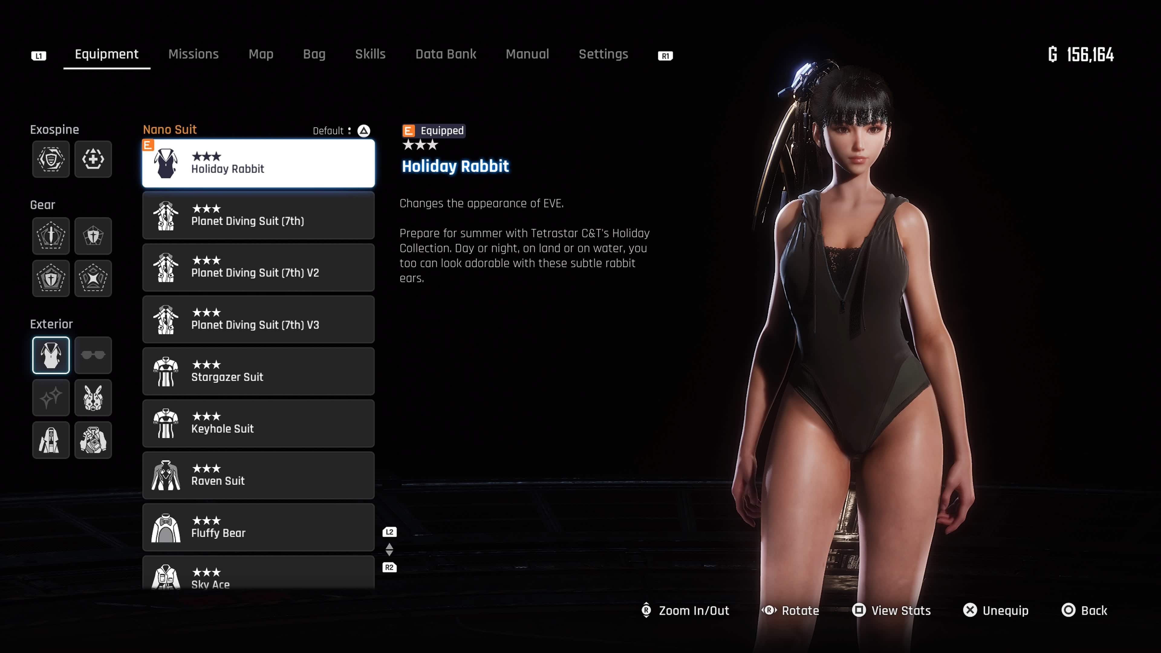 Stellar Blade Holiday Rabbit - EVE wearing the bunny suit in the menu.