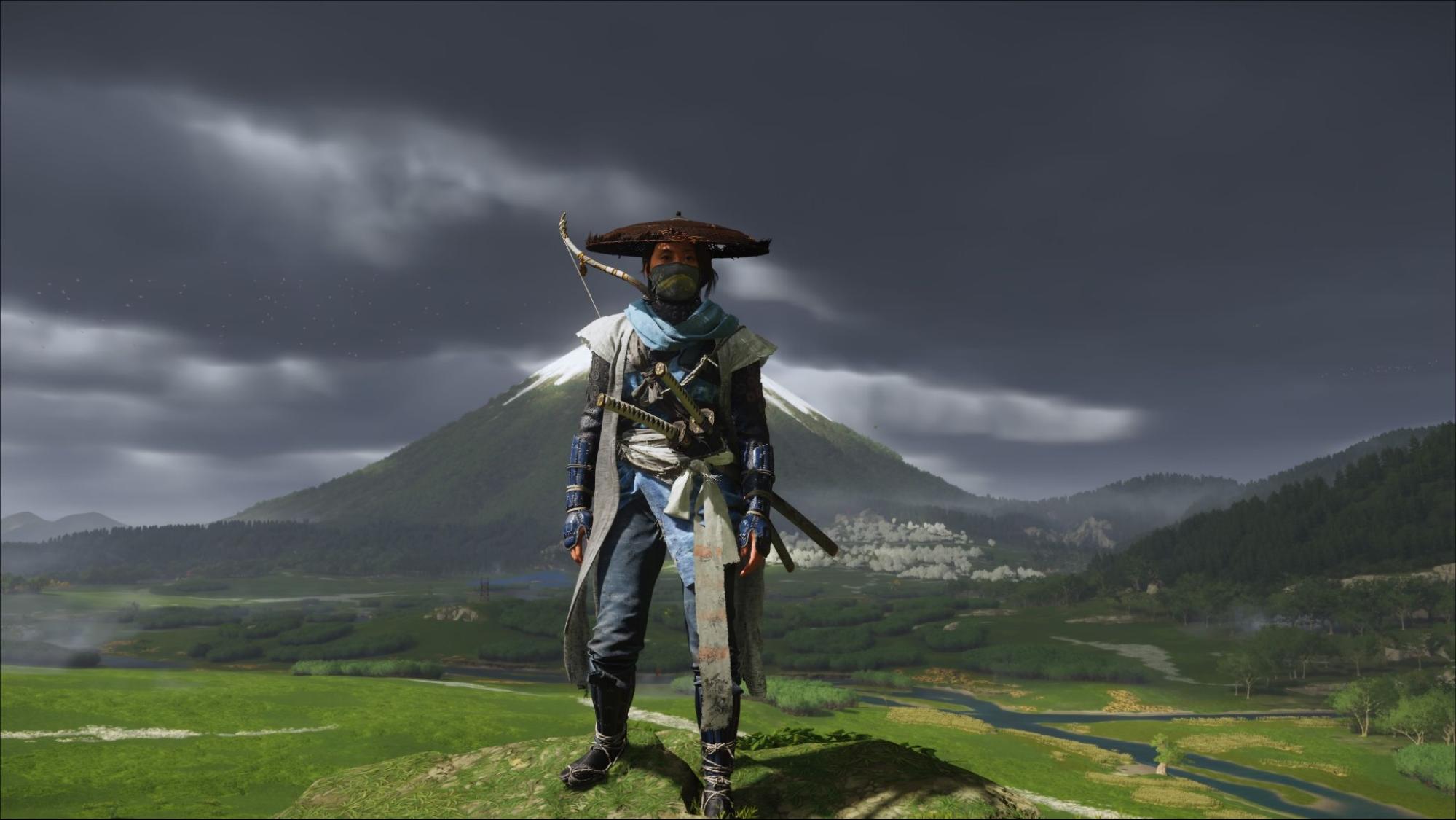 Samurai standing before storm clouds in Ghost of Yotei