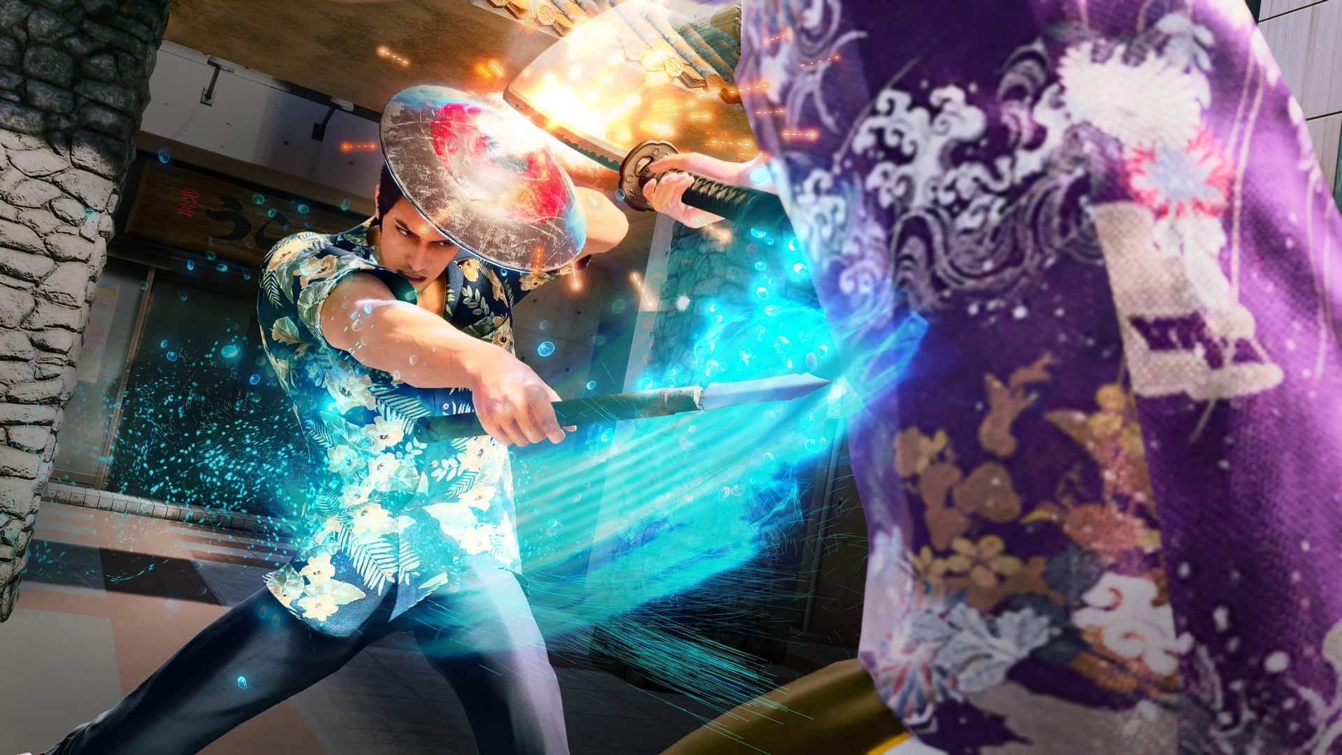 A dynamic scene features a person in a floral shirt and straw hat wielding a glowing sword, facing off against an opponent in Yakuza Kiwami 3