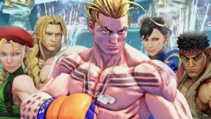 Street Fighter 6 character customisation: Five different fighters strike poses in tight formation, looking toward the viewer.