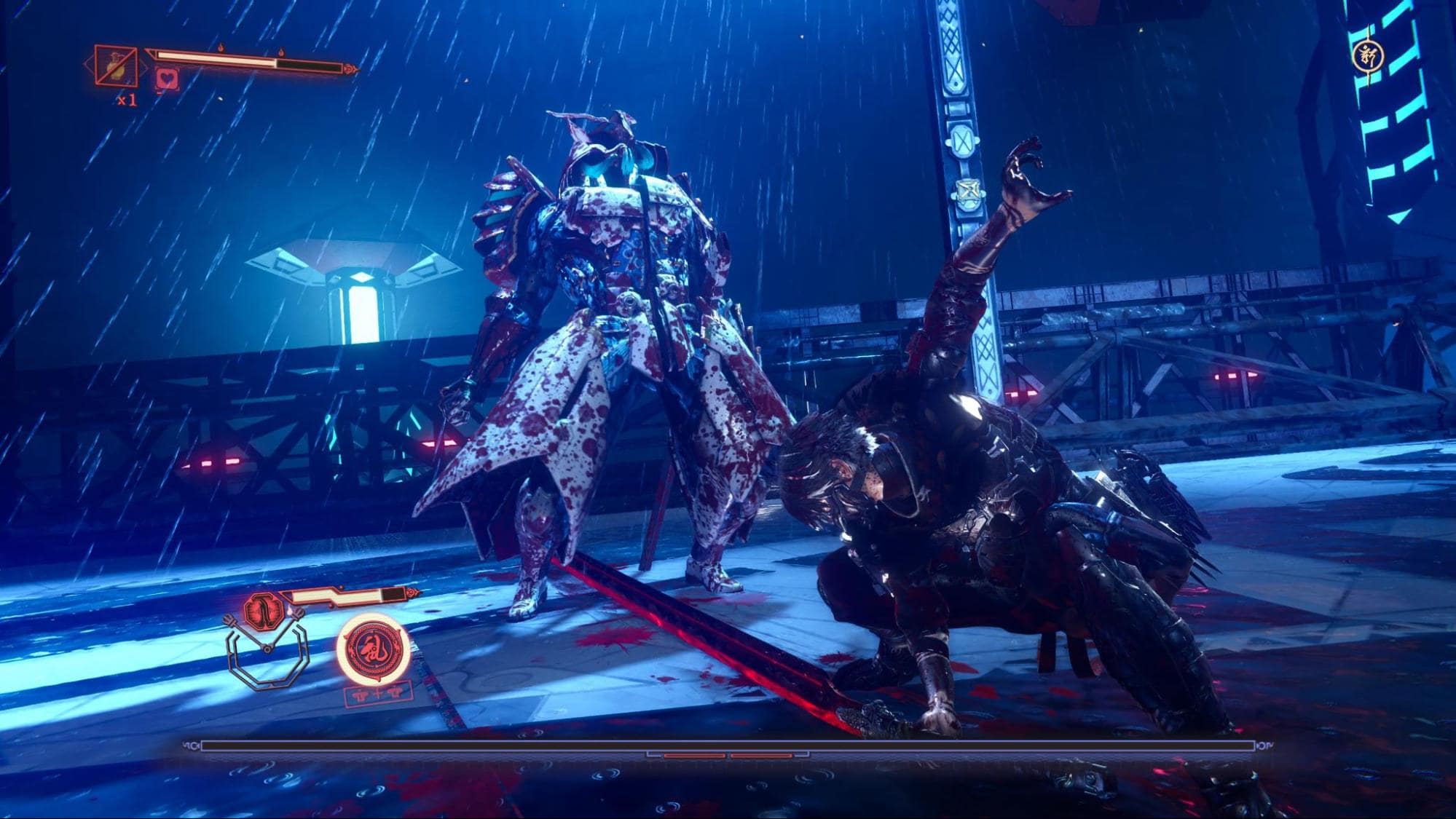 Yakumo faces a towering armored foe in a rain-soaked boss fight in Ninja Gaiden 4