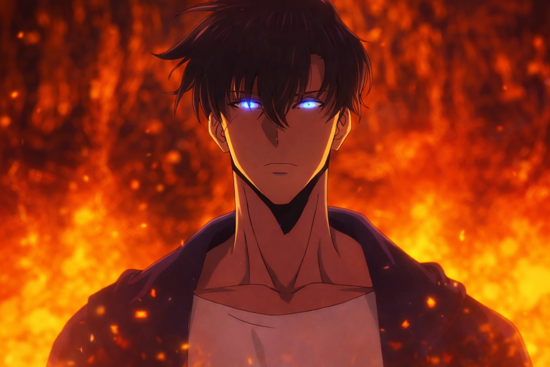 Anime-style depiction of Sung Jinwoo, the protagonist of Solo Levelling, with dark hair and glowing blue eyes, standing before roaring orange flames with embers drifting through the air.