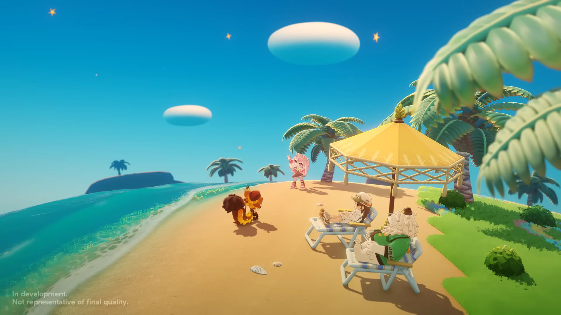 Characters relaxing under an umbrella while others play by the ocean on a sandy beach.