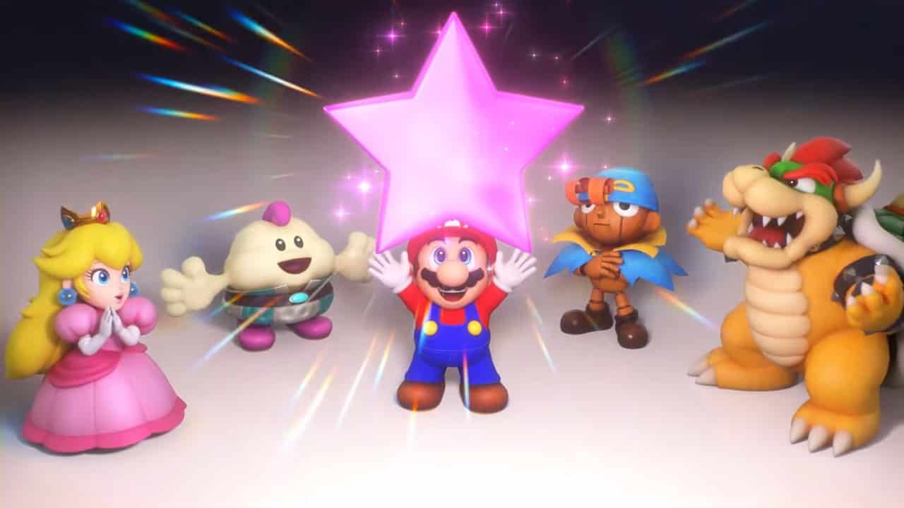 Super Mario RPG release date: An image of the party near a glowing star.