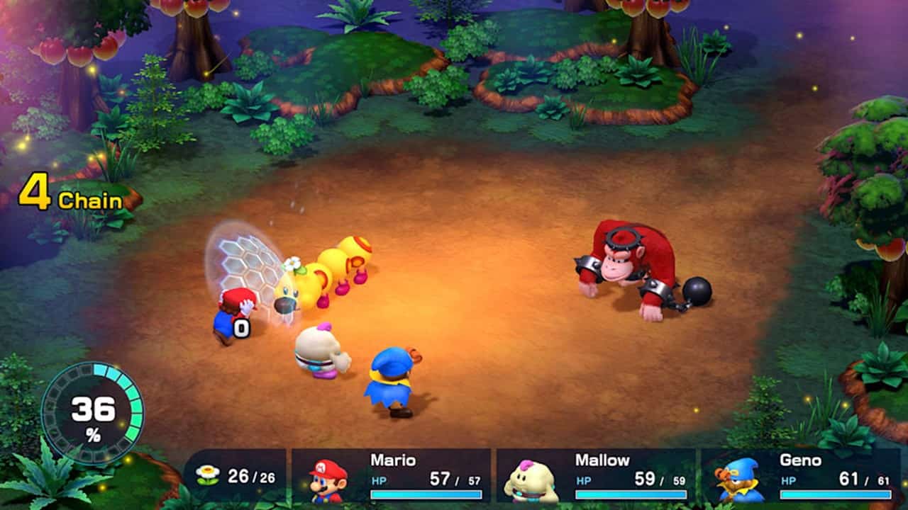 Super Mario RPG release date: An image of the party fighting enemies in the game.
