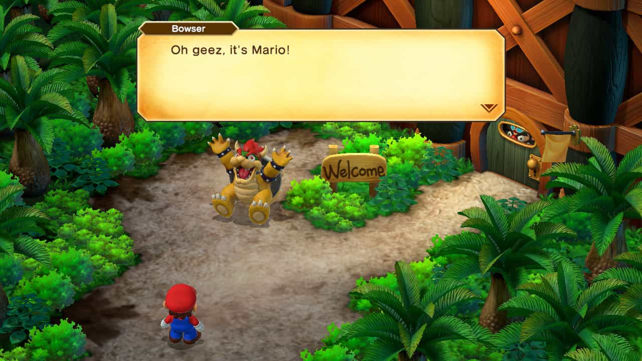 Super Mario RPG review: Bowser shocked at seeing Mario in a jungle area.