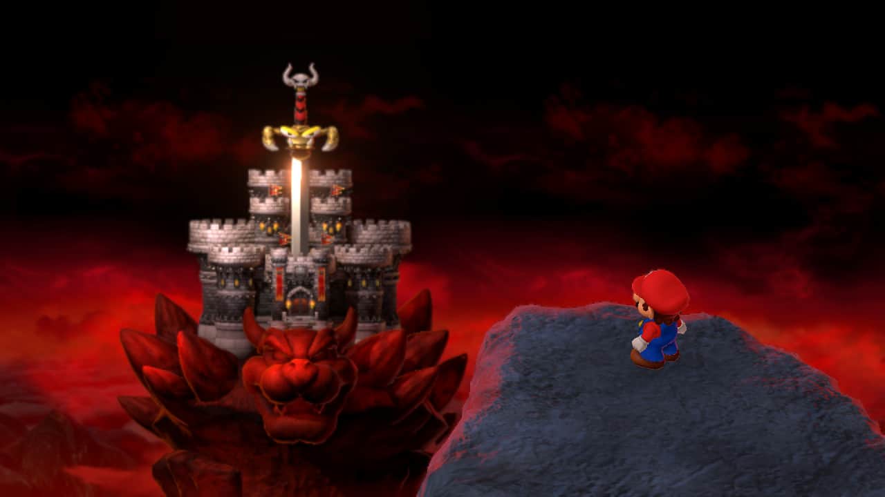 Super Mario RPG review: Mario on a cliff overlooking Bowser's Castle.