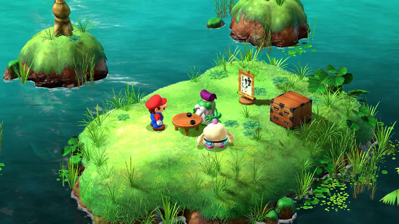 Super Mario RPG review: Mario and Mallow talking to the Frog Sage at Tadpole Pond.
