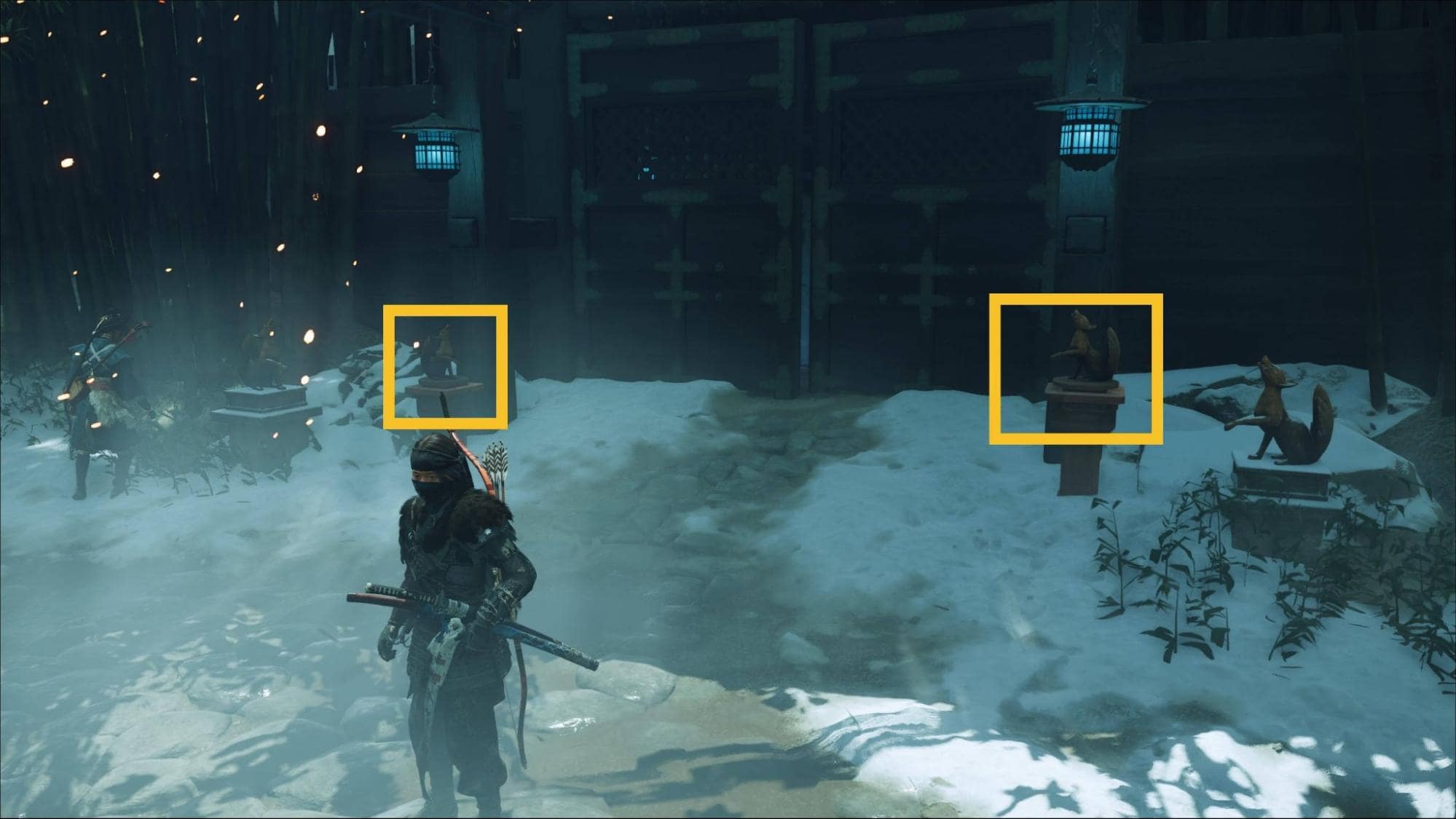 Final fox statue puzzle in the Ghost of Yotei Poison and Snow quest showing the swapped fox positions to unlock the gate