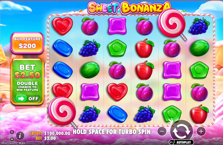 A shot of the reels on Sweet Bonanza Pokies by Pragmatic Play, which is another top ten Australian online slots game. 