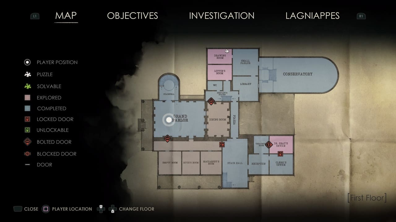 A screenshot of the "Alone in the Dark: Lagniappe" video game map interface showing player position, objectives, and various room labels on a building layout.