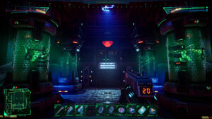 System Shock review: Player stands inside central command for the Research level, surrounded by incubation tubes for mutatns.