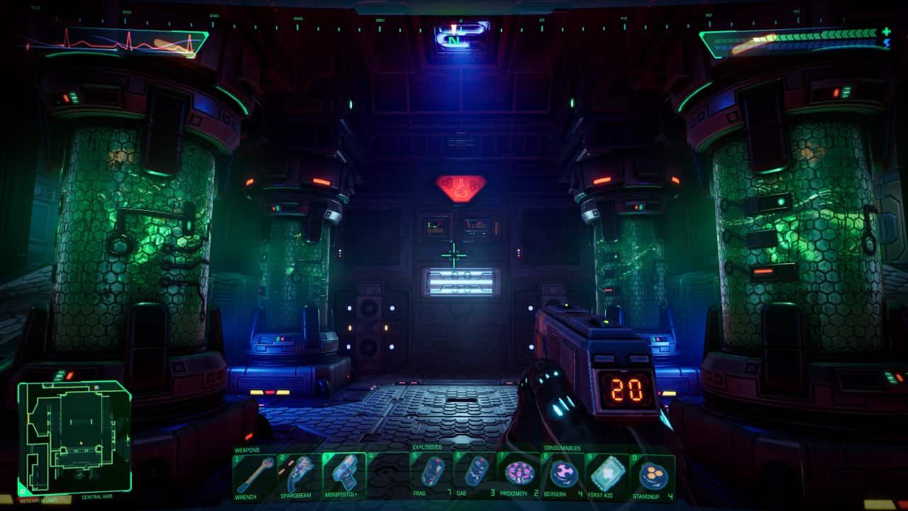 System Shock review: Player stands inside central command for the Research level, surrounded by incubation tubes for mutatns.