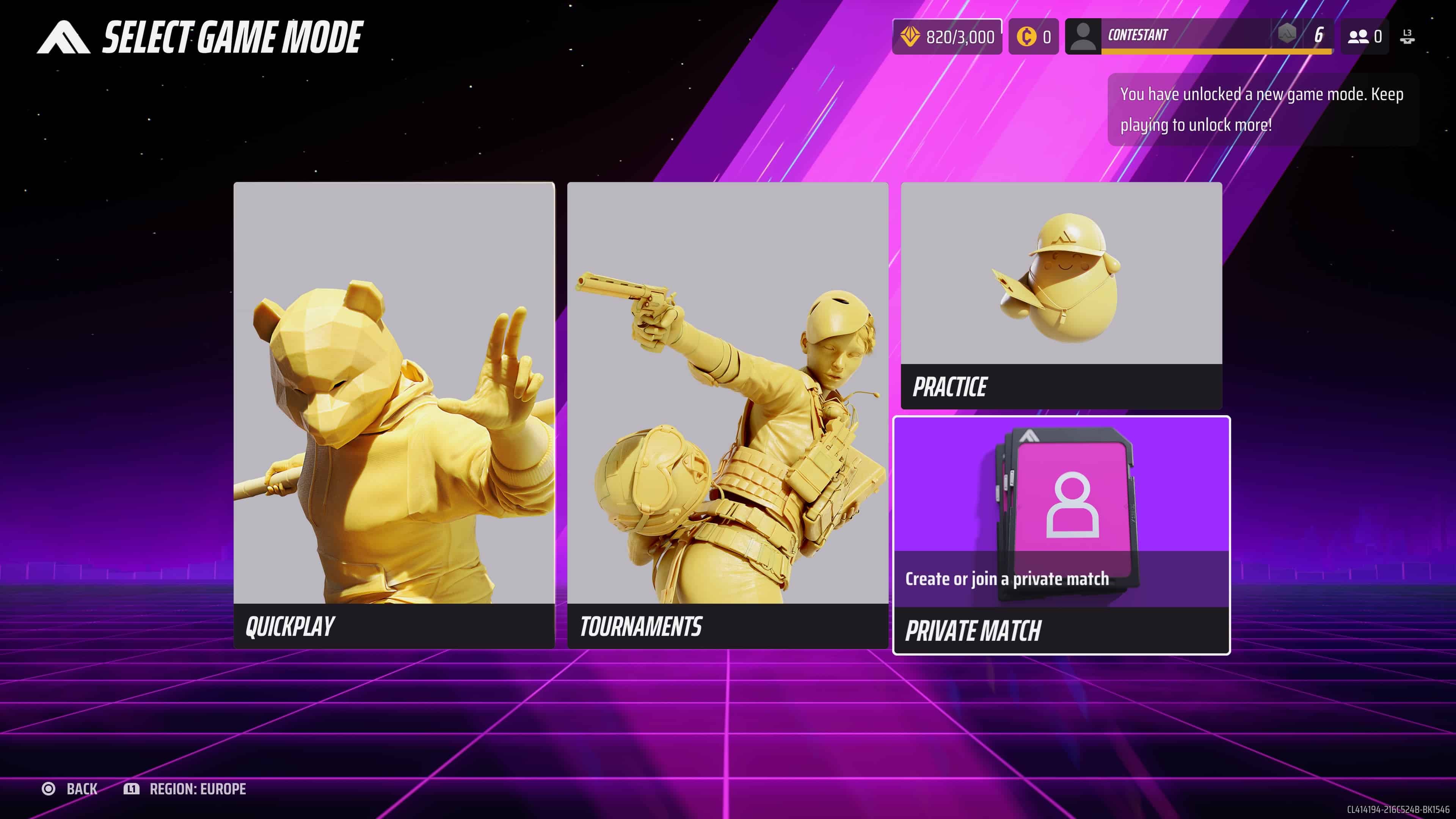 A screenshot showing the "select game mode" screen from The Finals, showing private matches.