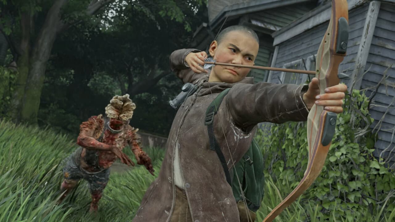 The Last of Us 2 Remastered voice actors and cast: Lev aiming bow with a clicker chasing.