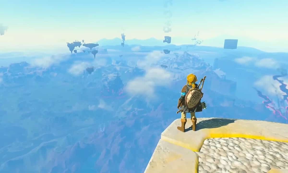 Tears of the Kingdom timeline: Link standing on a Sky Island overlooking Hyrule.