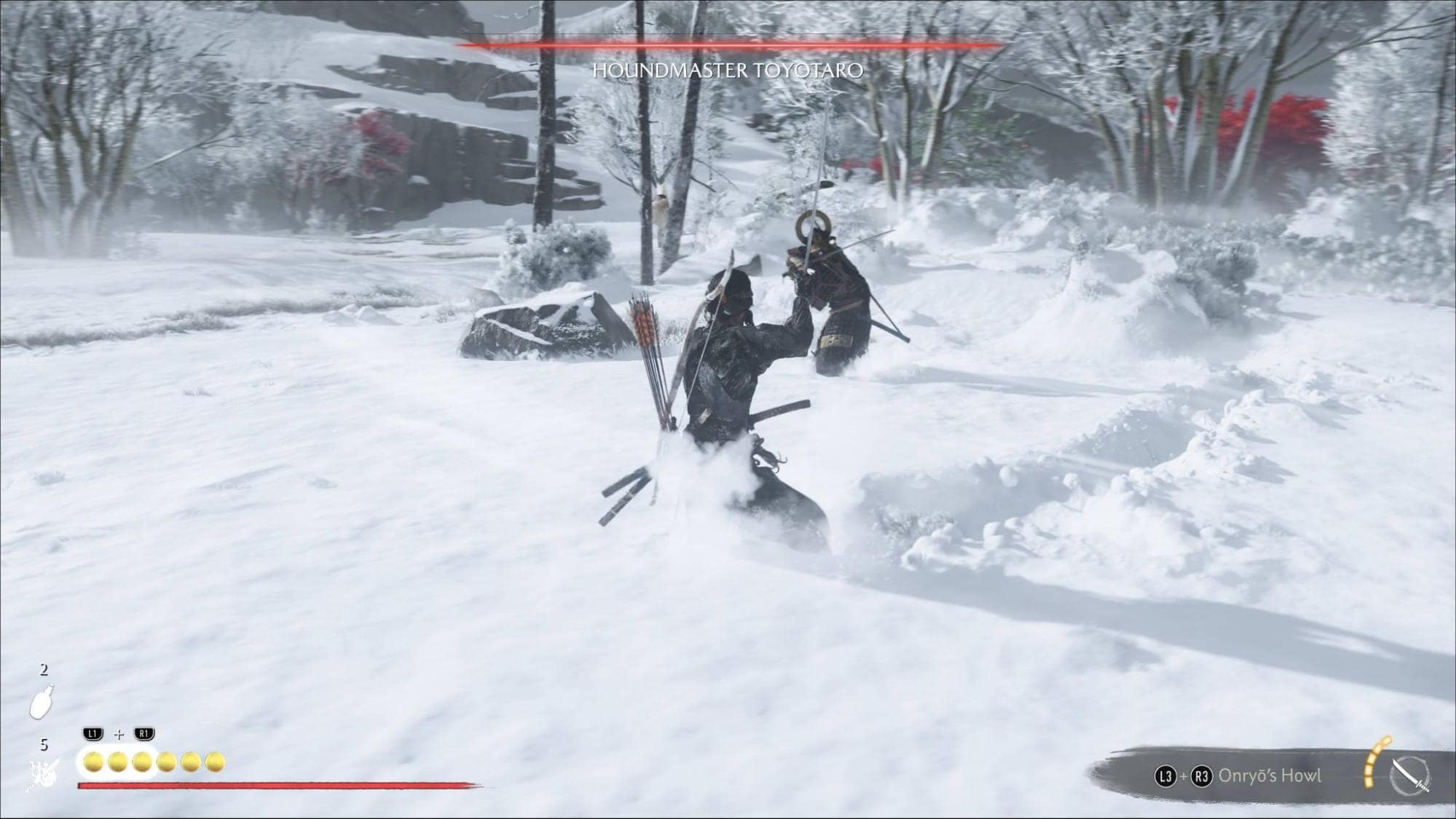 In a snowy landscape, two samurai from the game Ghost of Yotei Houndmaster Toyotaro bounty fight a duel, surrounded by snow-covered trees
