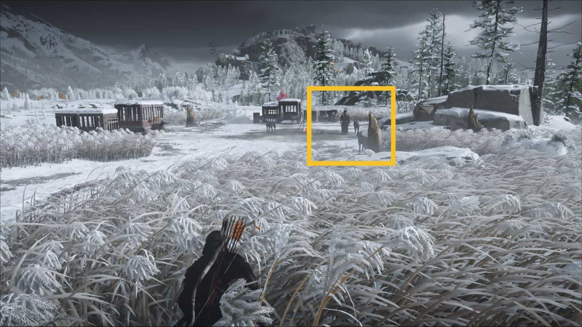 A scene from the Ghost of Yotei Houndmaster Toyotaro bounty, where a lone archer lurks in the snow-covered tall grass, watching the carts and figures in the snowy landscape