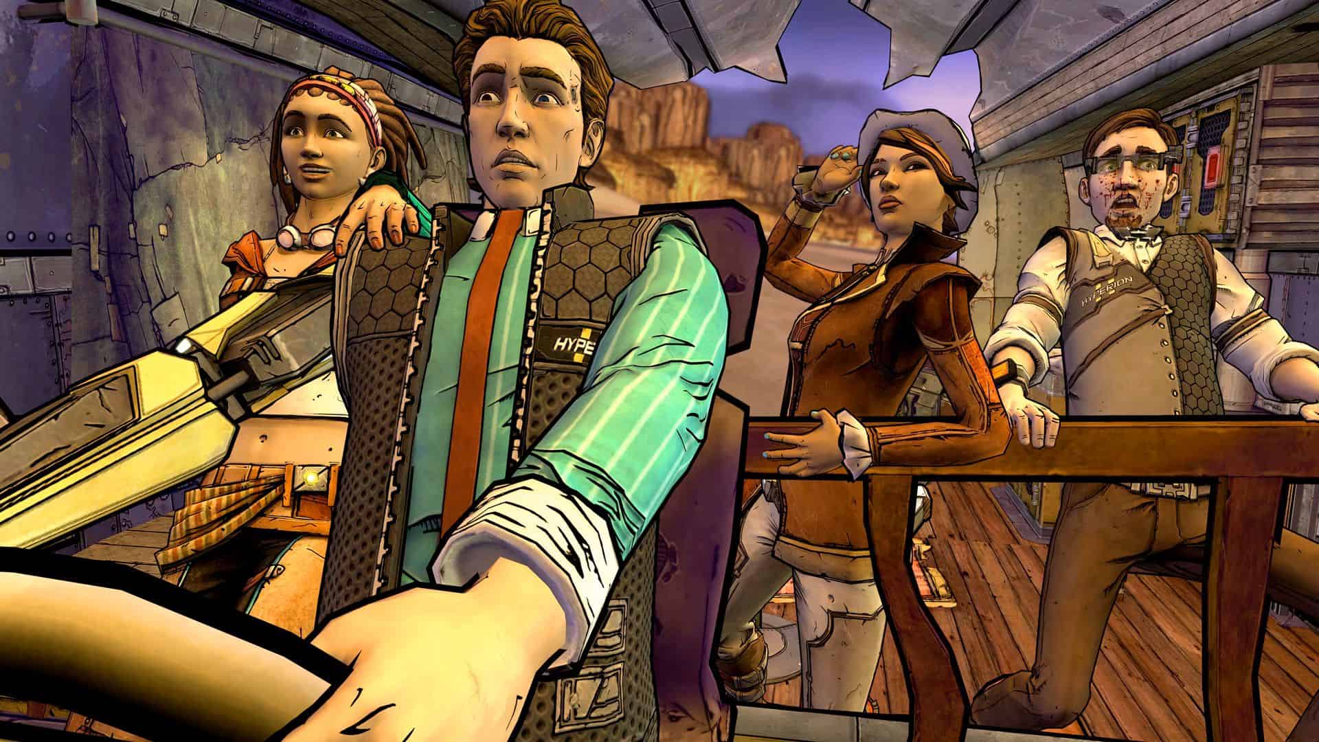 The main characters from Tales from the Borderlands ride together in a vehicle through a desert landscape, each showing a mix of fear and excitement