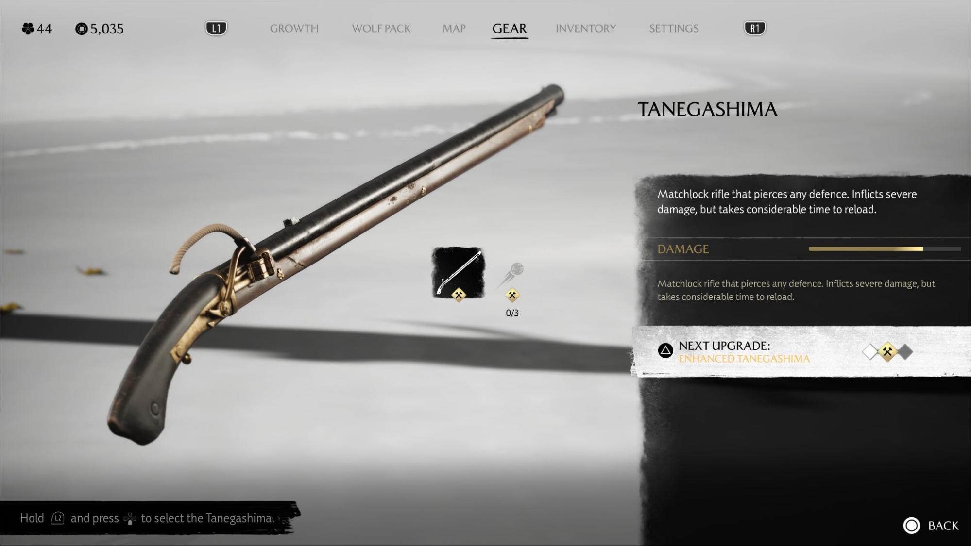 The Tanegashima matchlock rifle upgrade screen in Ghost of Yotei showing weapon stats and next enhancement