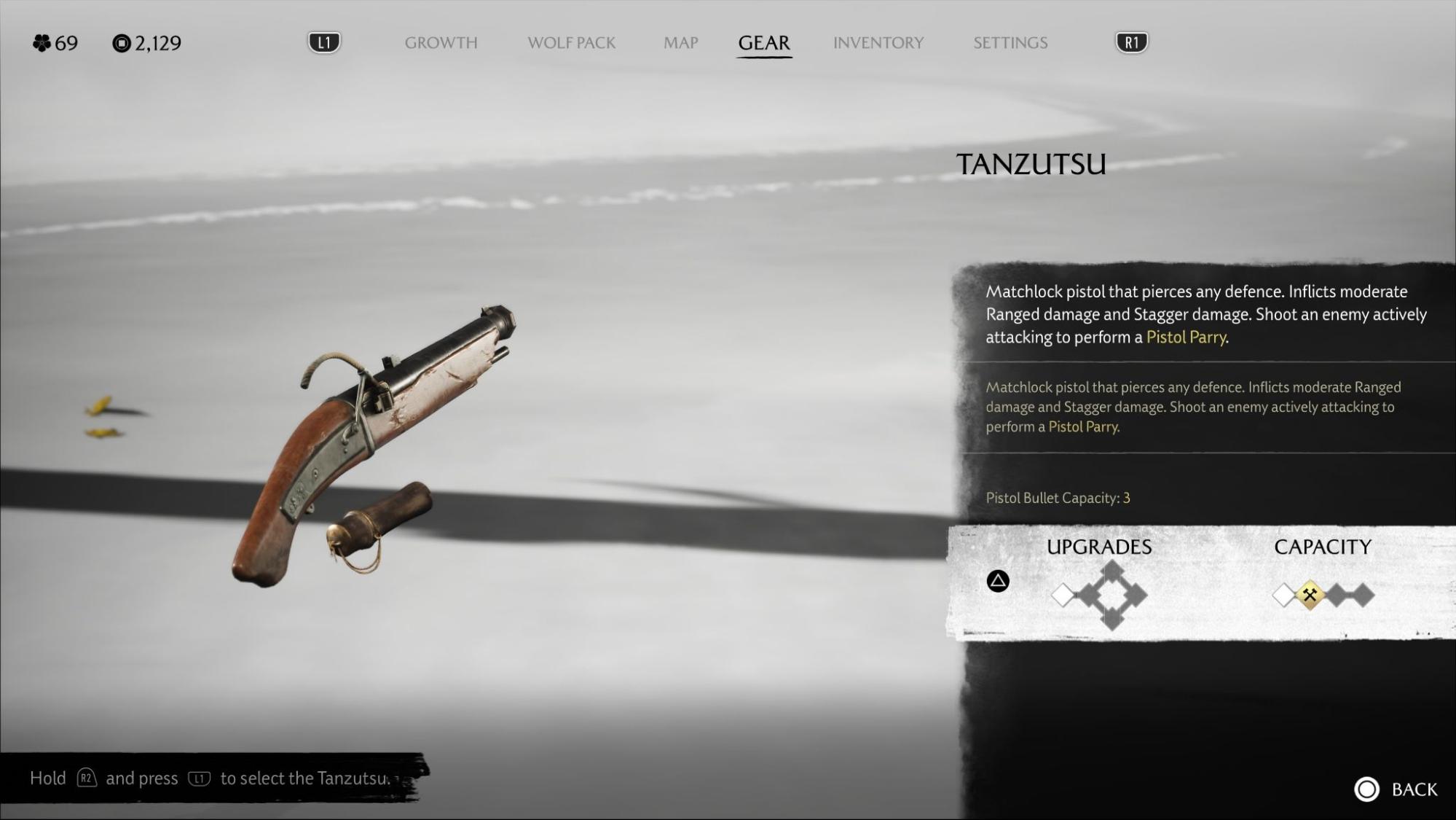 Tanzutsu upgrade screen in Ghost of Yotei showing matchlock pistol stats