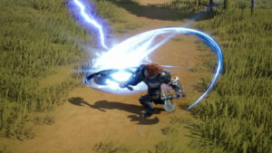 A cat creature wiliding two axes, using the power of thunder and lightning to fight its enemy.