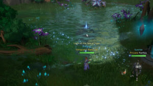An in game screenshot in Tarisland of a fisherman by an forest lake.