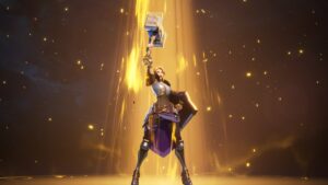 A cinematric image of a Paladin blessed with holy light, holding its shield and hammer high.